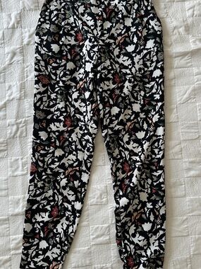 Zara Black Floral Track Pants with White, Red & Green Print
